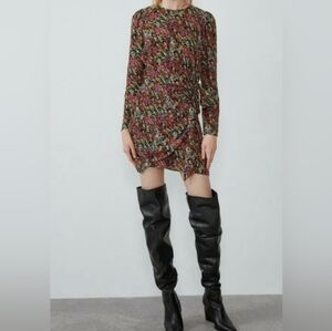 ZARA Abstract Long Sleeve Floral Colorful Rainbow Faux Wrap Dress, Size Small
